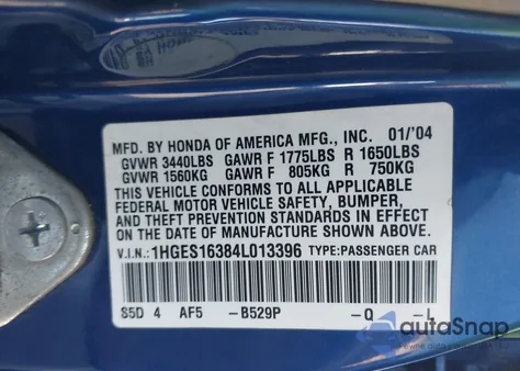 2004 Honda Civic Vp z USA, uszkodzony, nr VIN 1HGES16384L013396